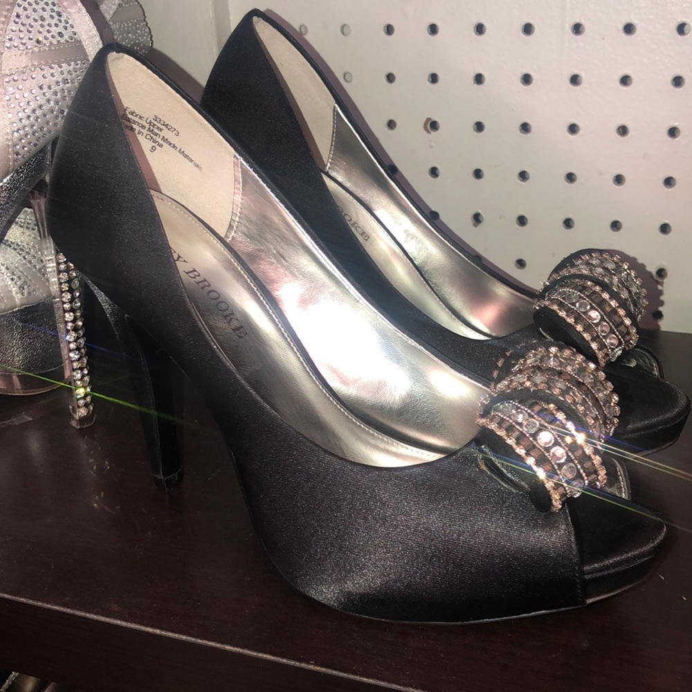 Audrey Brooke black satin heels with rhinestones